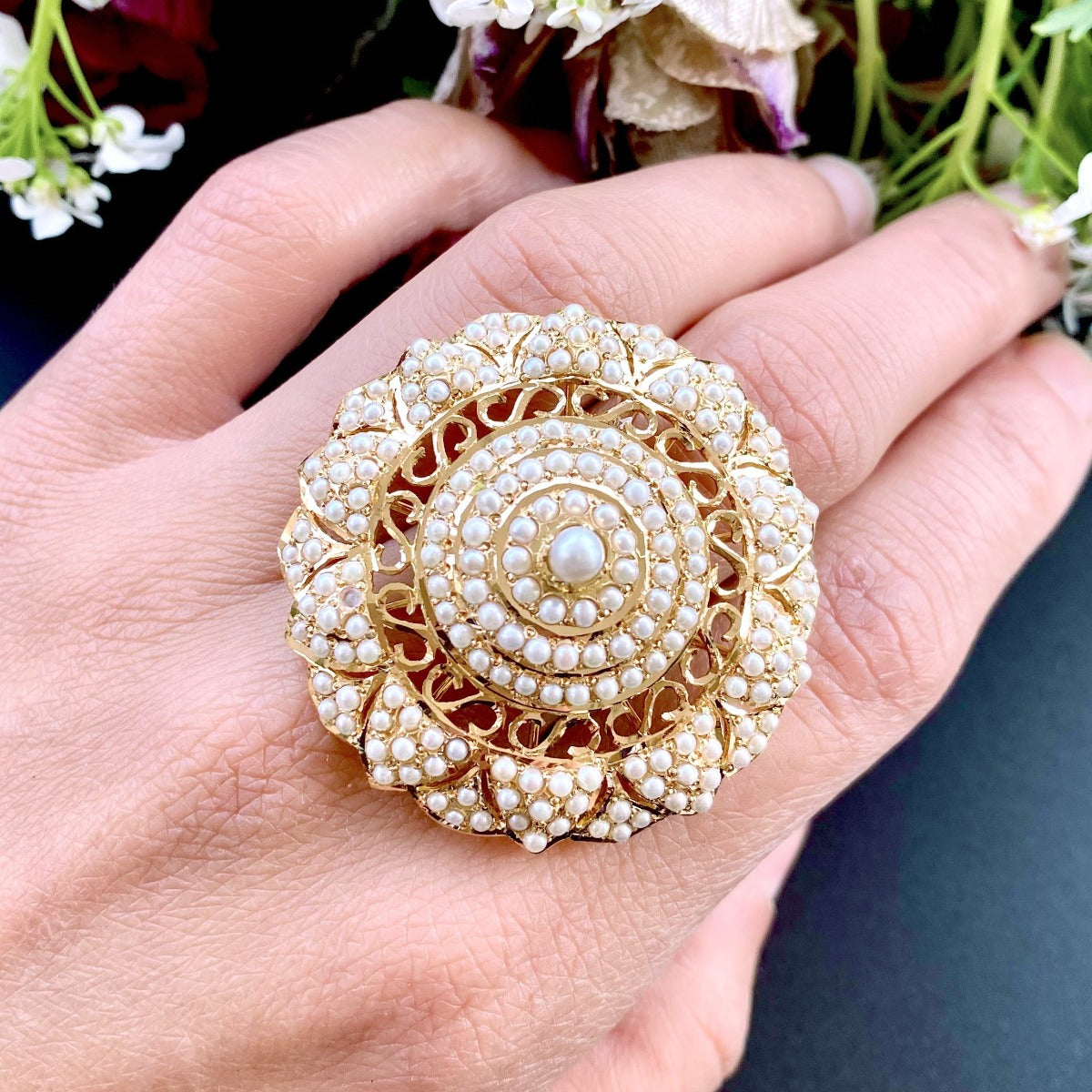 unique pearl cocktail ring on 22 carat gold