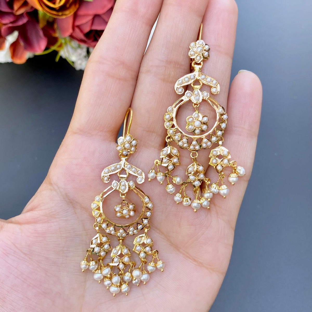 pearl chandbali danglers 22k gold