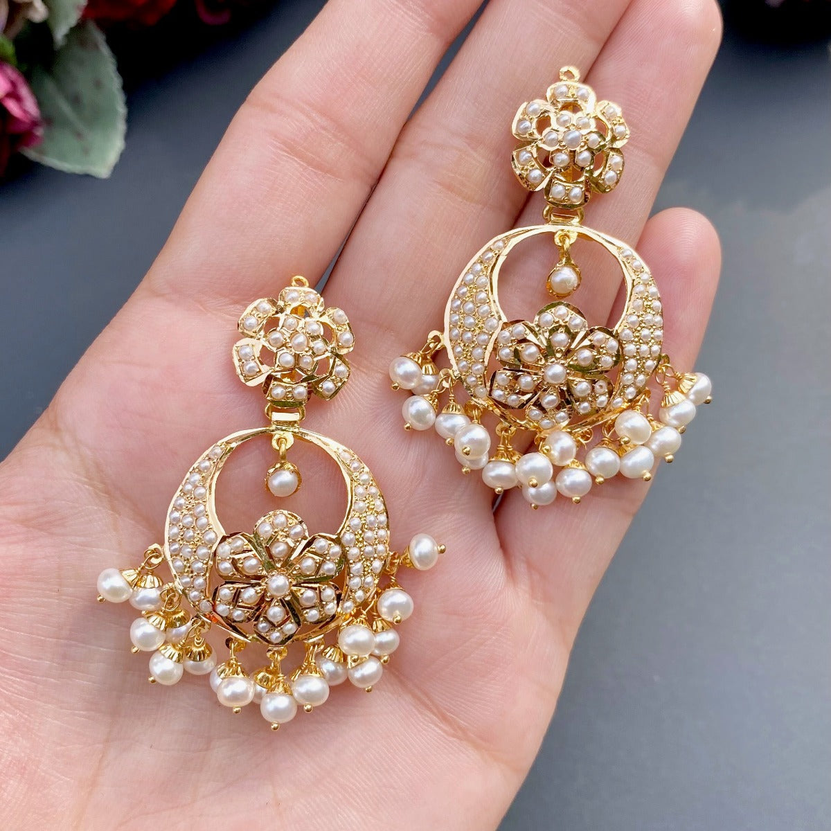 floral pearl chandbali earrings in 22ct gold