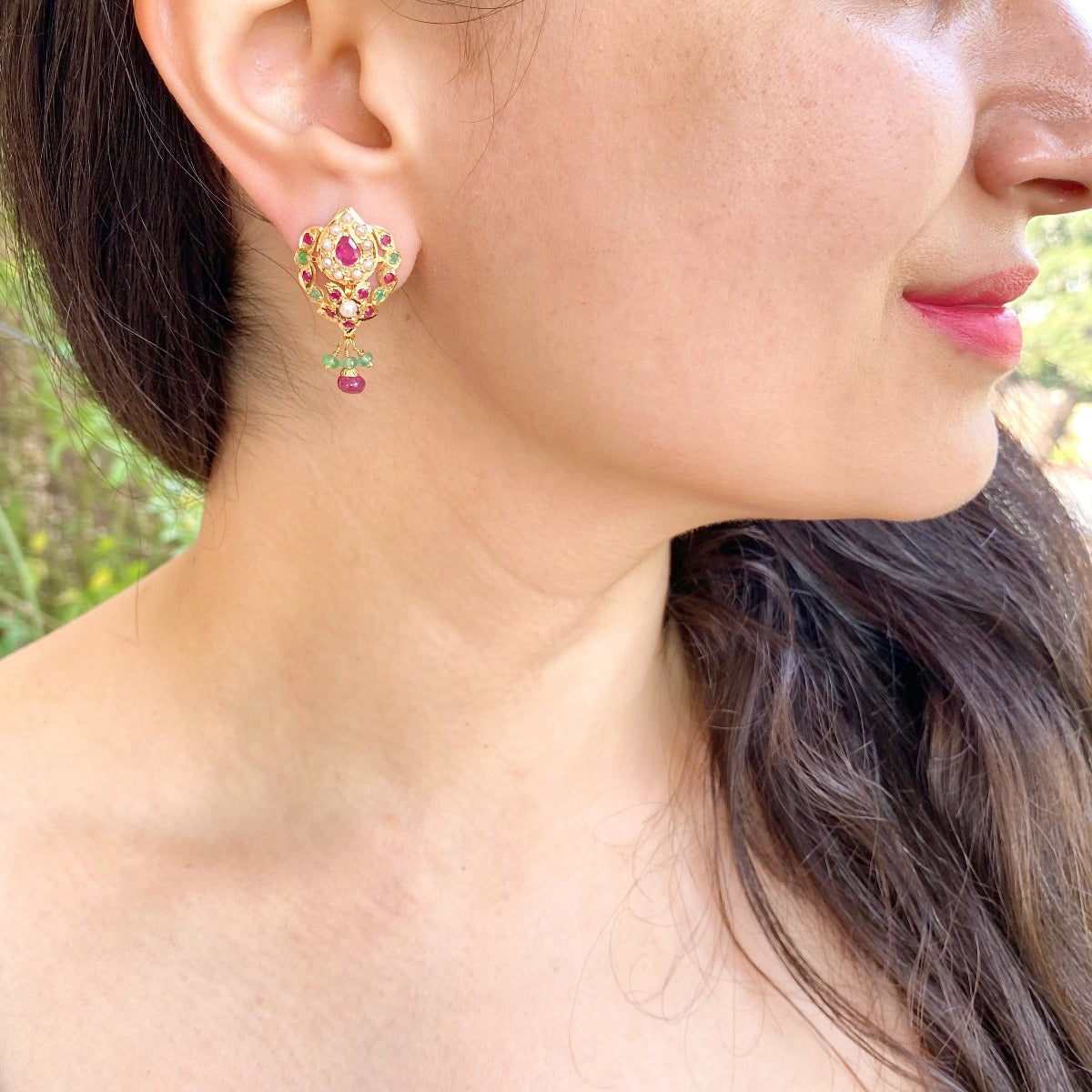 dainty indian gold studs with ruby emerald pearls